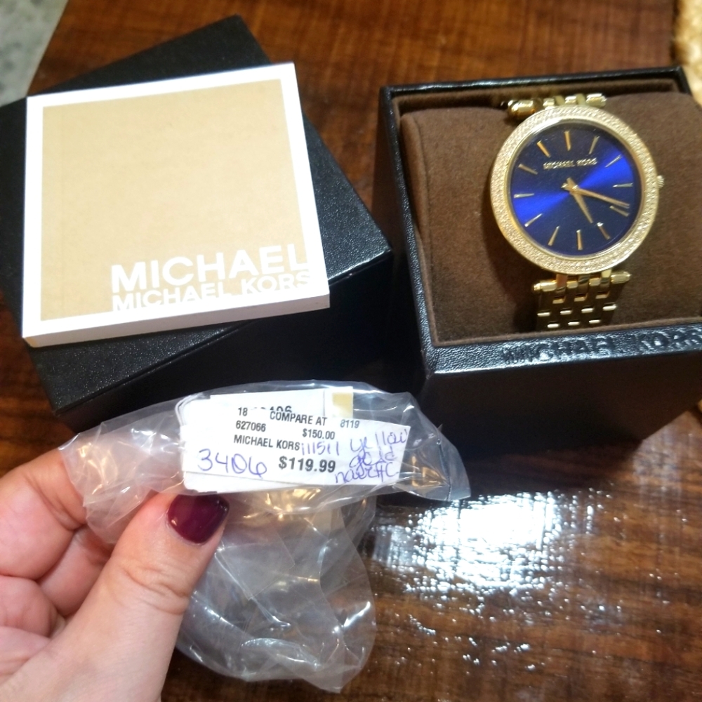 Watch, Michael Kors- original box, no links removed. Gold w/blue face.
